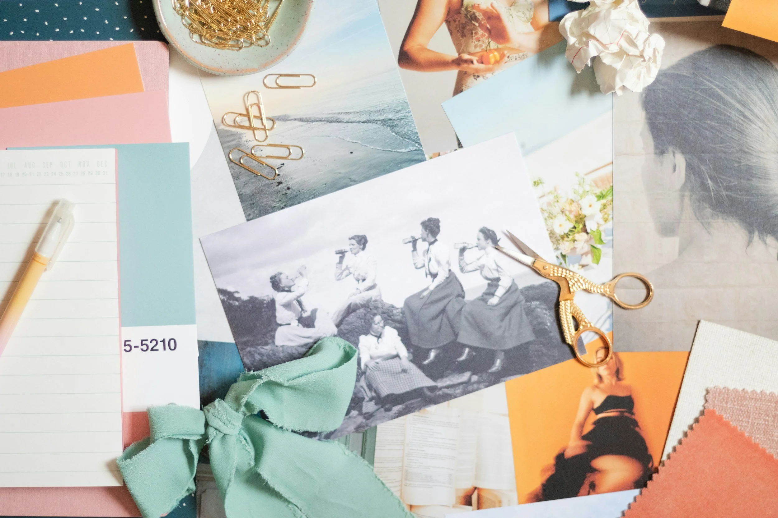 Moodboard of images, color swatches, fabrics