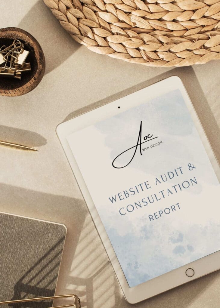 Website audit presentation cover on a tablet that is sitting on a desk.
